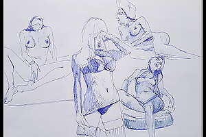 Ballpoint cage drawing  naked girls  With big gut , sexy , HOT !